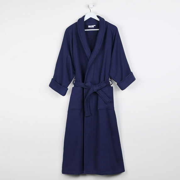 Superior Waffle Weave Cotton Unisex Adult Bath Robe, Navy Blue, Large