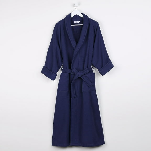 Superior Waffle Weave Cotton Unisex Adult Bath Robe, Navy Blue, Small