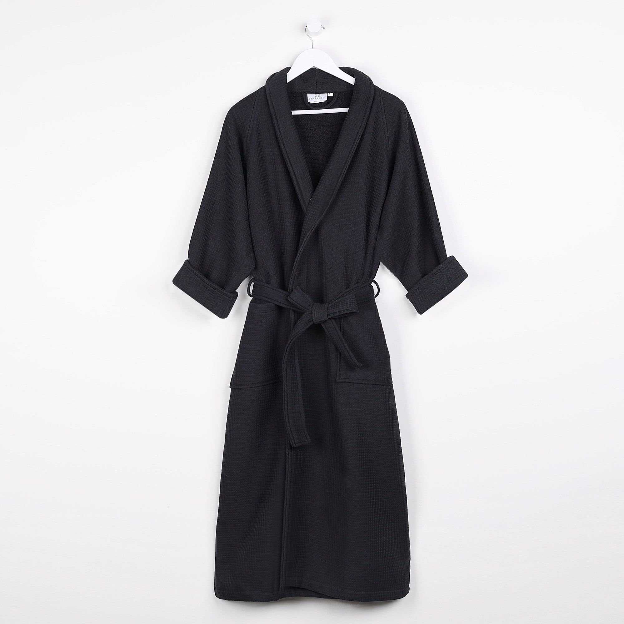 Superior Waffle Weave Cotton Unisex Adult Bath Robe, Black, Small ...
