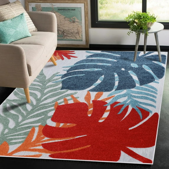 Superior Waikiki Tropical Leaves Indoor Area Rug, 8' x 10', Blue-Green/Cream