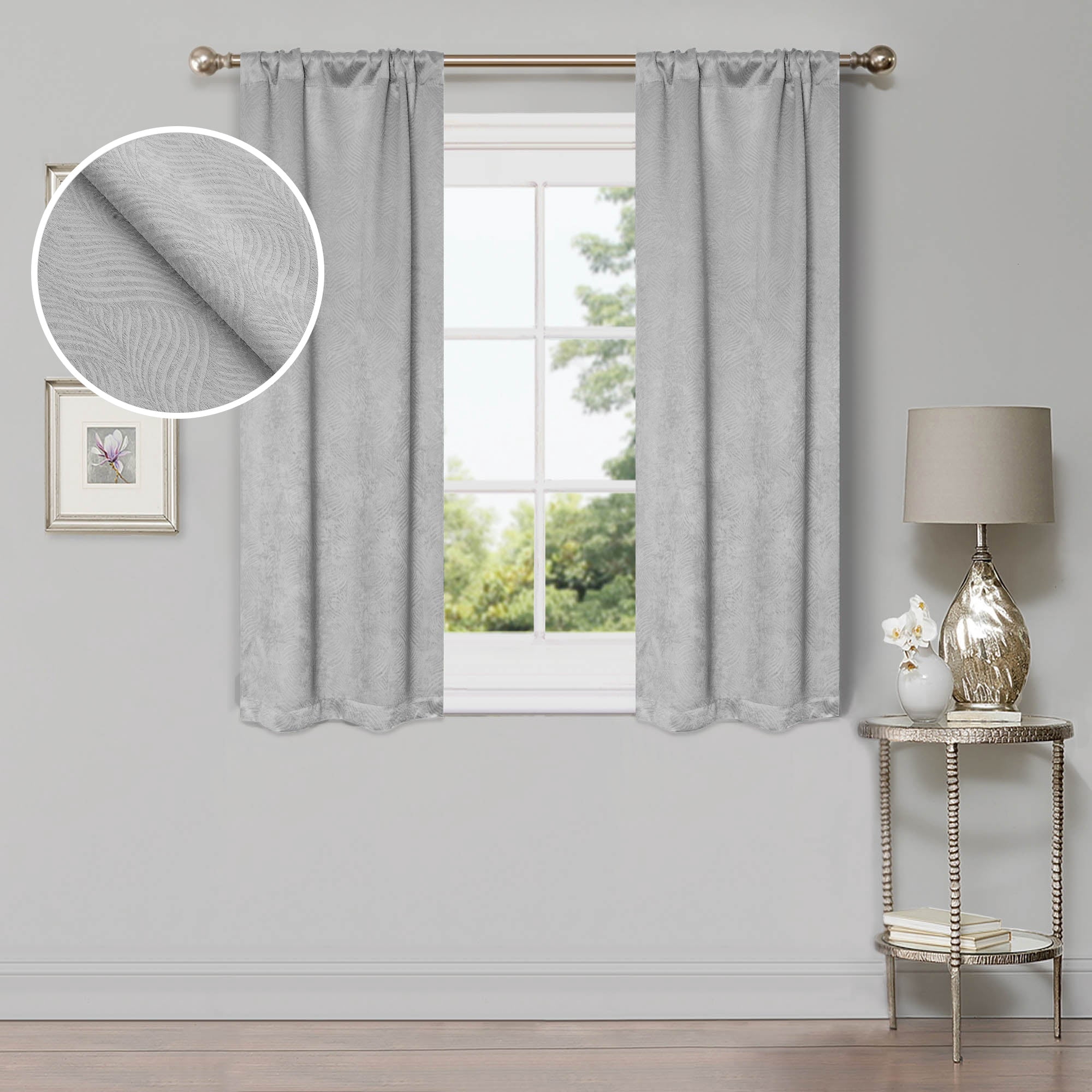 Superior Wave Blackout Rod Pocket Curtains Panel Set, Chrome, 26" x 63"