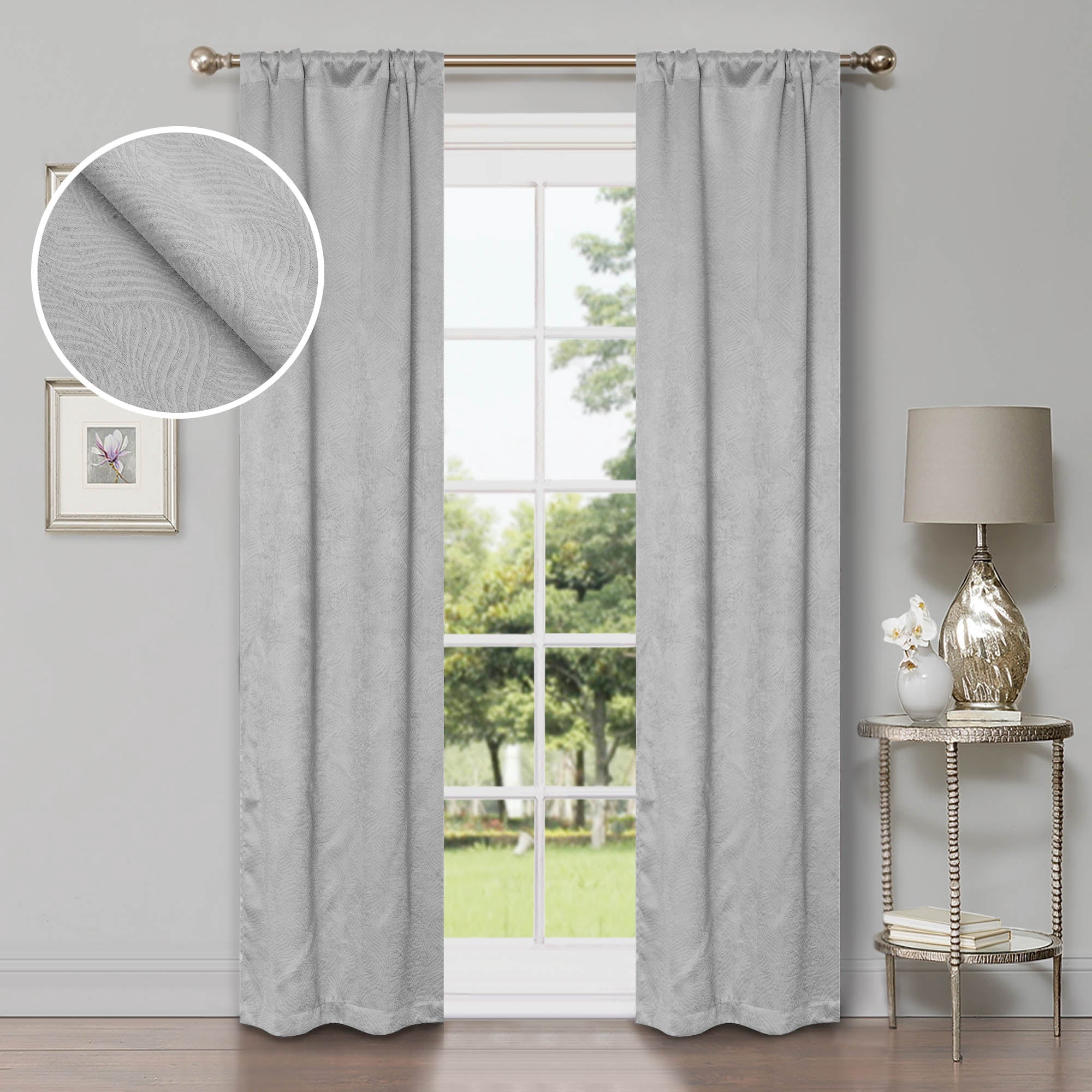 Superior Wave Blackout Rod Pocket Curtains Panel Set, Chrome, 26" x 84"