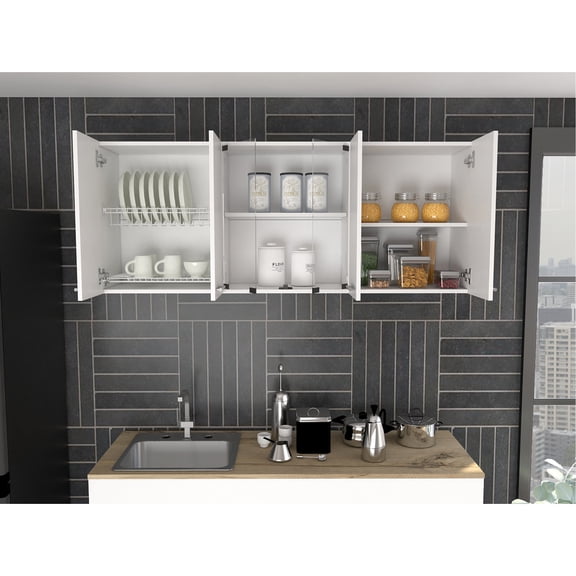 Superior White Wall Cabinet - 4 Shelves, Metal Handles & Built-in Dish Rack Salient With Interior Modern Design, Handles, Holder