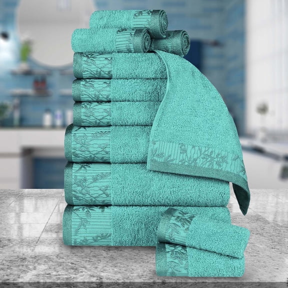 Superior Wisteria Floral Cotton 12 Piece Assorted Towel Set, Turquoise