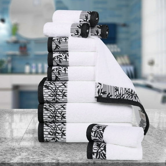 Superior Wisteria Floral Cotton 12 Piece Assorted Towel Set, White/ Black