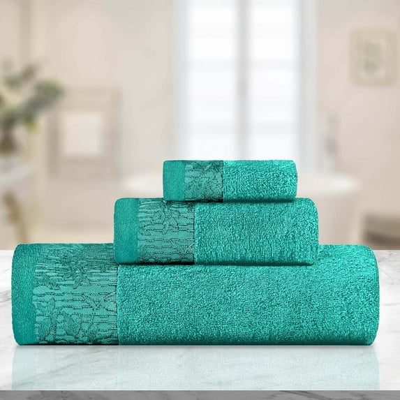 Superior Wisteria Floral Cotton 3 Piece Assorted Towel Set, Turquoise