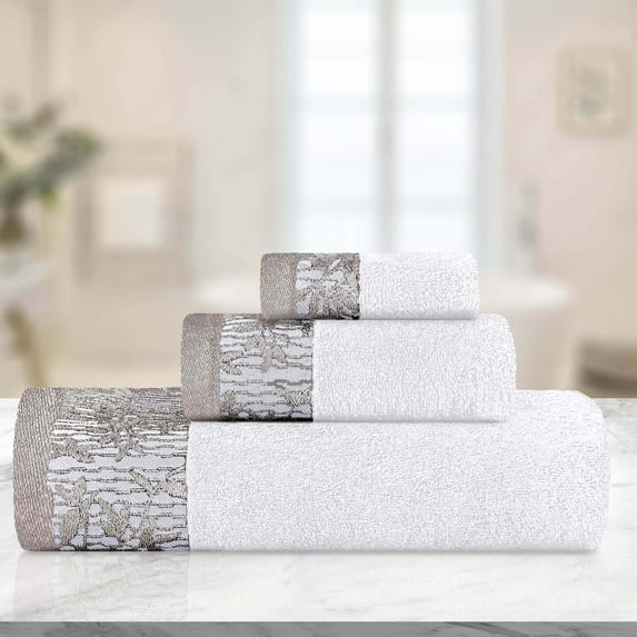 Superior Wisteria Floral Cotton 3 Piece Assorted Towel Set, White