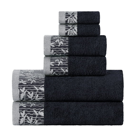 Superior Wisteria Floral Cotton 6 Piece Assorted Towel Set, Black
