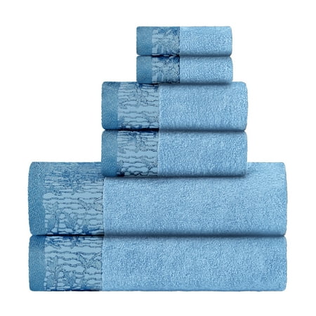 Superior Wisteria Floral Cotton 6 Piece Assorted Towel Set, Waterfall Blue