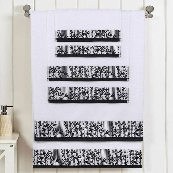 Superior Wisteria Floral Cotton 6 Piece Assorted Towel Set, White/ Black