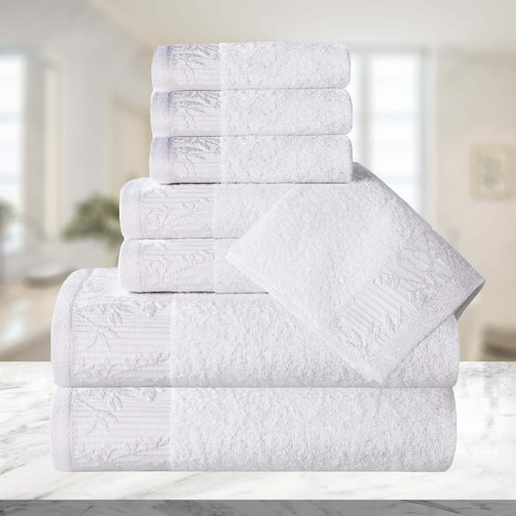Superior Wisteria Floral Cotton 8 Piece Assorted Towel Set, White/ White
