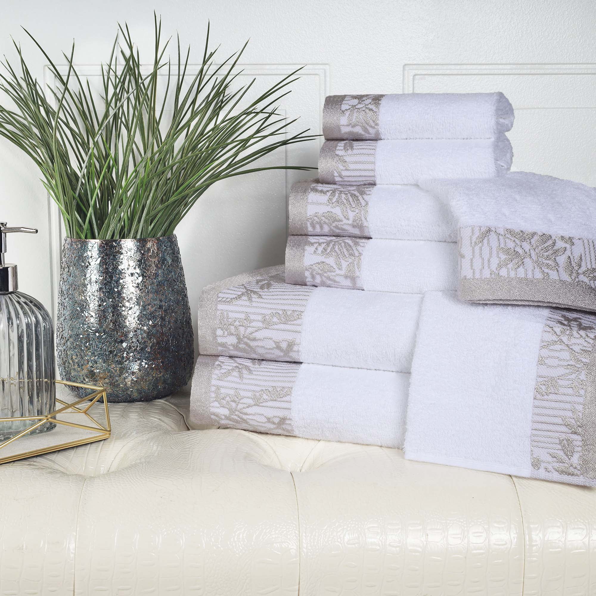 Elegant White Cotton Towel Set with Floral Jacquard Border
