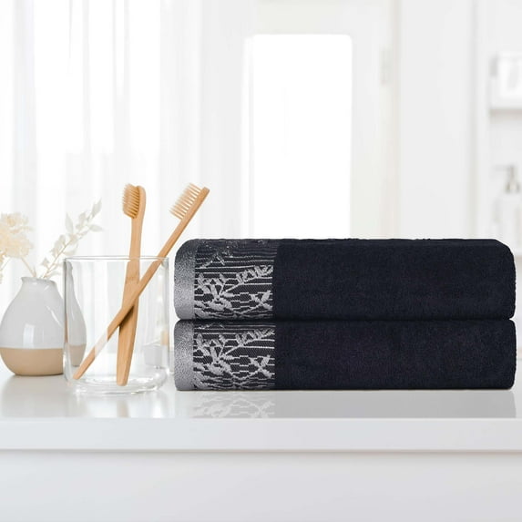 Superior Wisteria Floral Cotton Bath Towels, Set of 2, Black