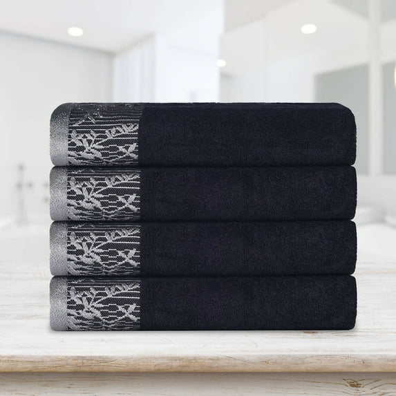 Superior Wisteria Floral Cotton Bath Towels, Set of 4, Black