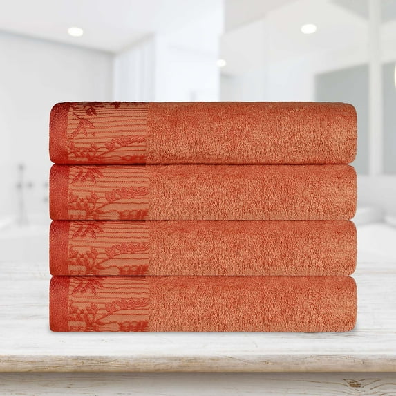Superior Wisteria Floral Cotton Bath Towels, Set of 4, Mandarin Orange