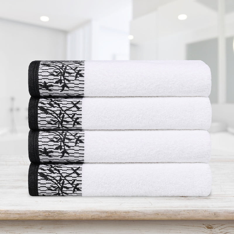 Superior Wisteria Floral Cotton Bath Towels, Set of 4, White/ Black