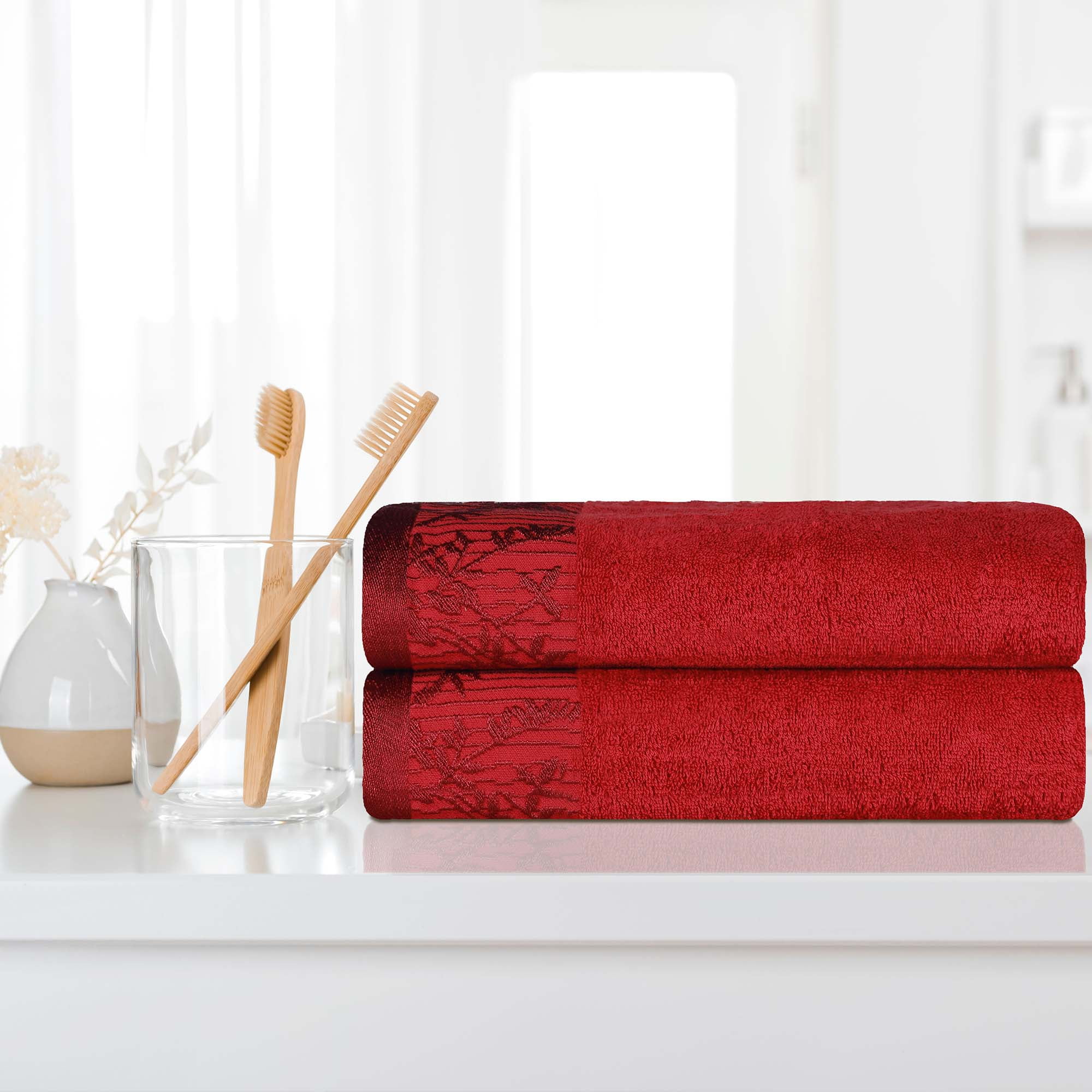 Garnet Red Cotton Bath Towels with Floral Jacquard Border, 2-Pack