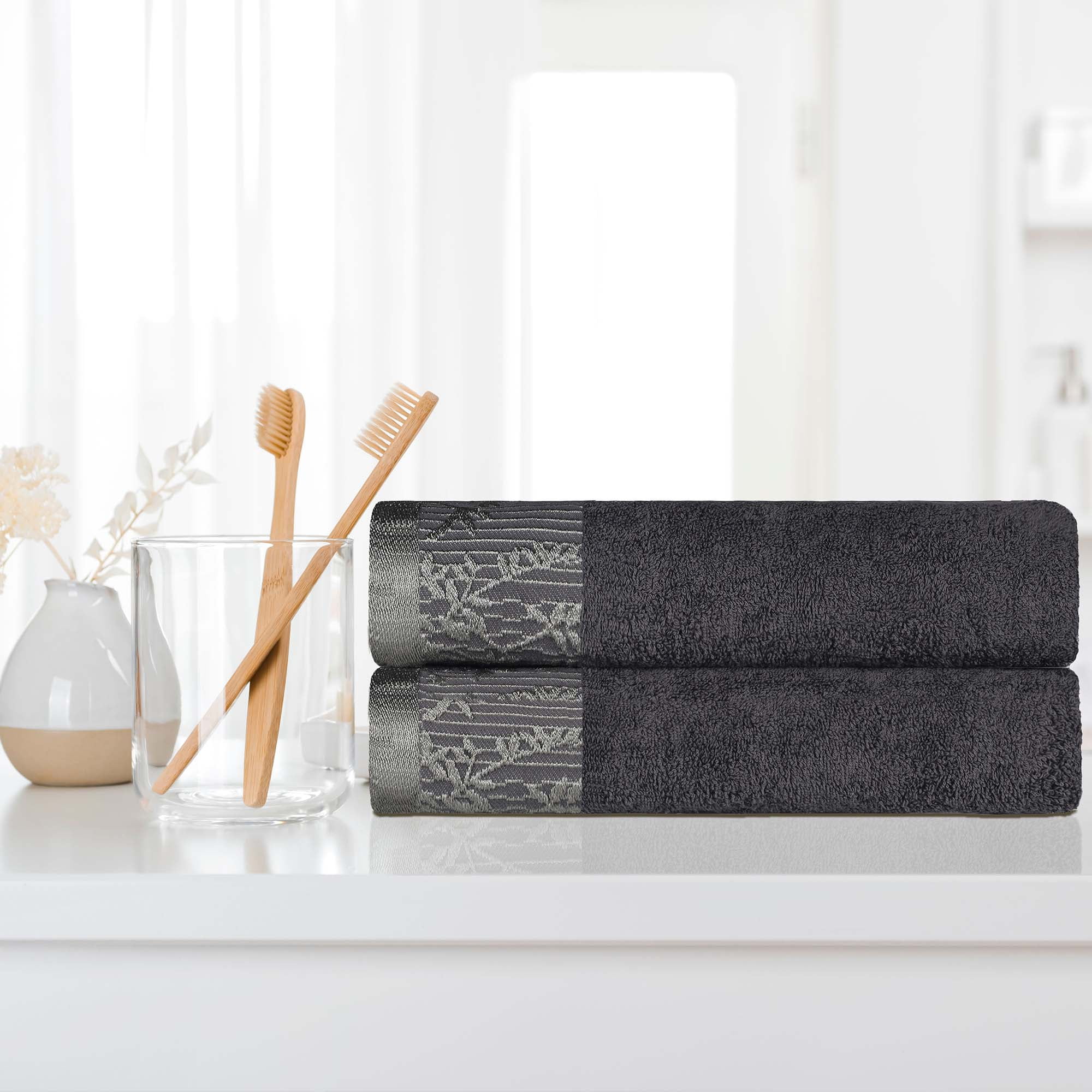 Superior Grey Cotton Floral Jacquard Bath Towels Set of 2