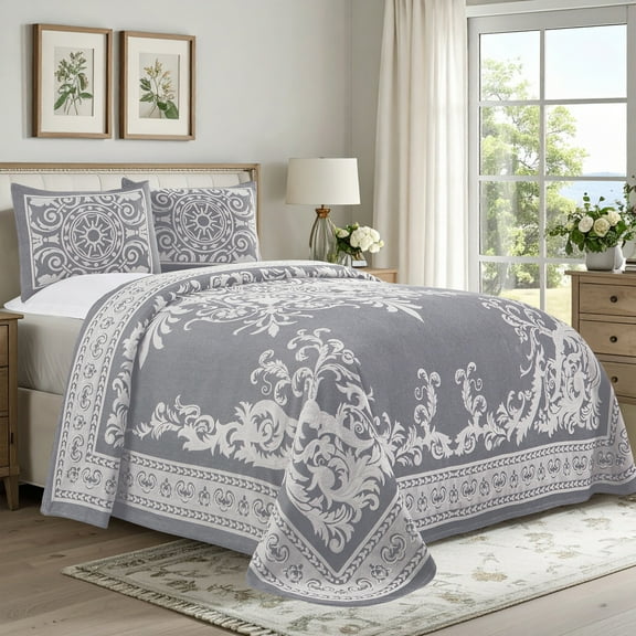 Superior Woven Jacquard Quilt Set Full Size, 3-Piece Lightweight Oversized Bedspread, Denim Blue