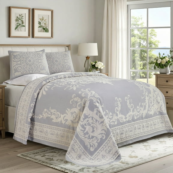 Superior Woven Jacquard Bedspread Set King Size, 3-Piece Lightweight All Seasons Coverlet, Slate Blue