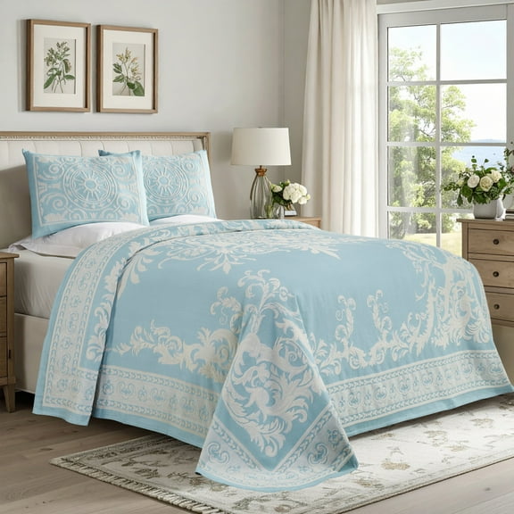 Superior Woven Jacquard Quilt Set Queen Size, 3-Piece Lightweight Oversized Bedspread, Aqua