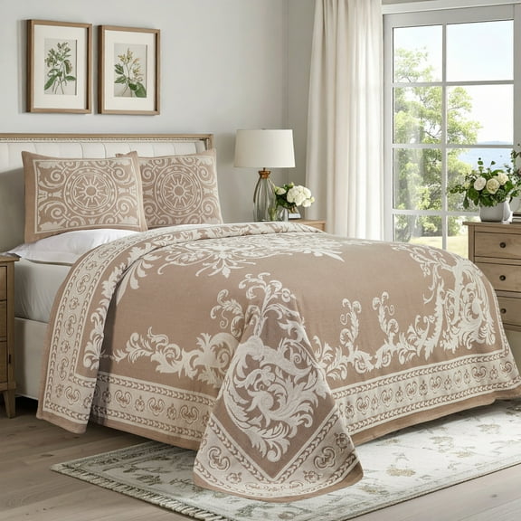 Superior Woven Jacquard Quilt Set Queen Size, 3-Piece Lightweight Oversized Bedspread, Taupe