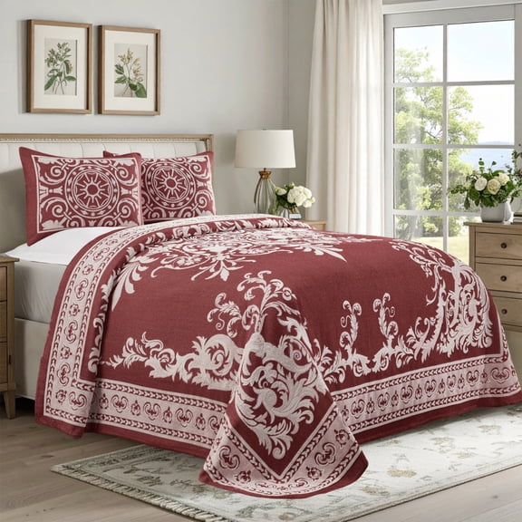 Superior Woven Jacquard Bedspread Set Twin Size, 2-Piece Lightweight Oversized Coverlet, Berry Red