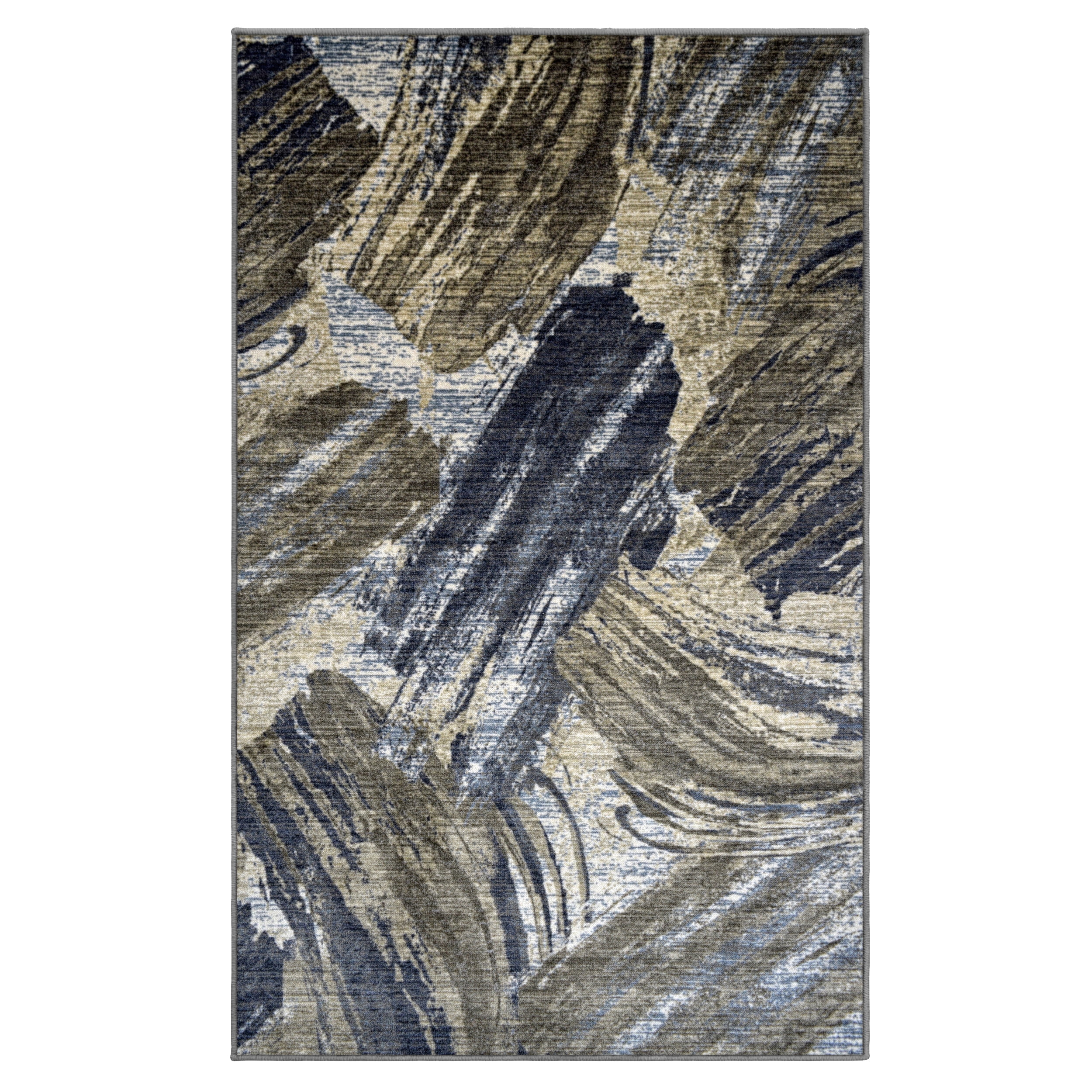 Blue and Beige Abstract Brushstroke Nylon Area Rug, 7'x9'