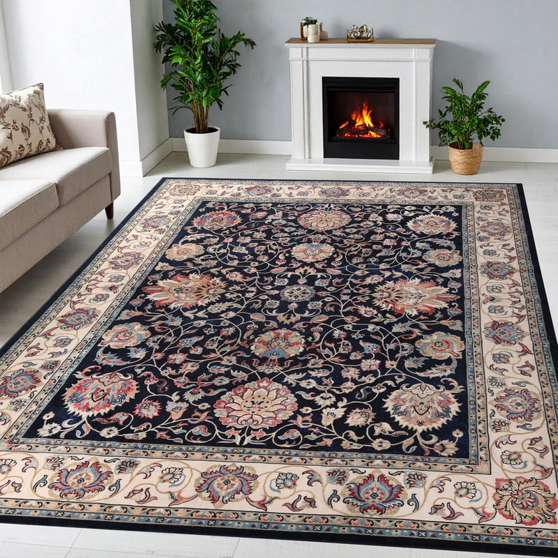 Superior Zadar Medallion Washable Indoor Area Rug, 2' x 15', Navy Blue/ Ivory