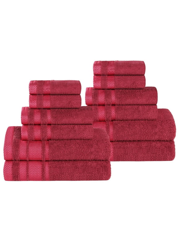 Superior Zero Twist Cotton Plush Soft 12 Piece Towel Set, Cranberry