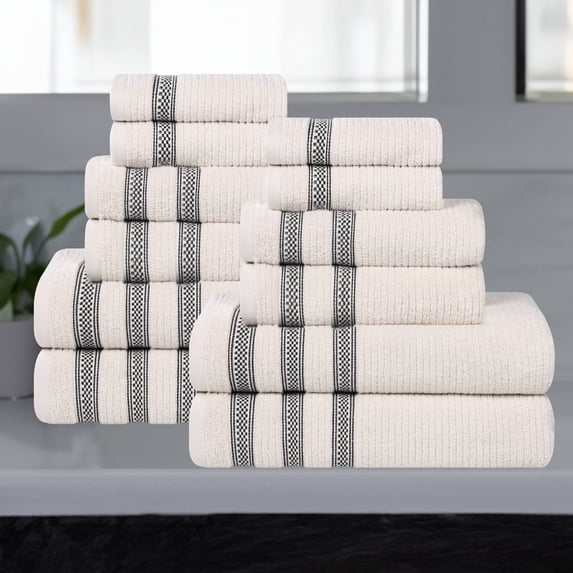 Superior Zero Twist Cotton Ribbed Geometric 12-Piece Towel Set, Ultra Soft Quick Dry, Stone