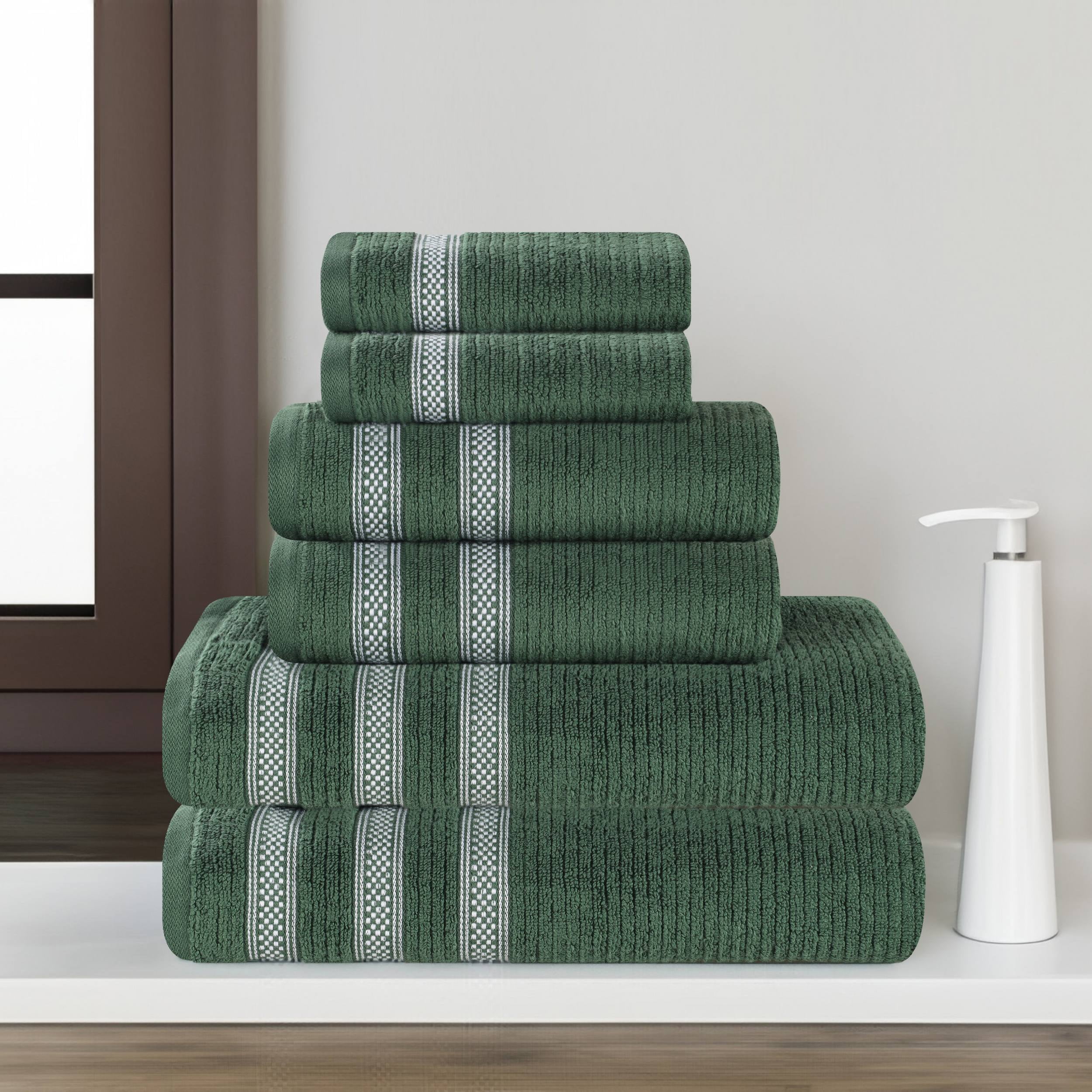 Superior Zero Twist Cotton Ribbed Geometric 6-Piece Towel Set, Ultra Soft Quick Dry, Forest Green