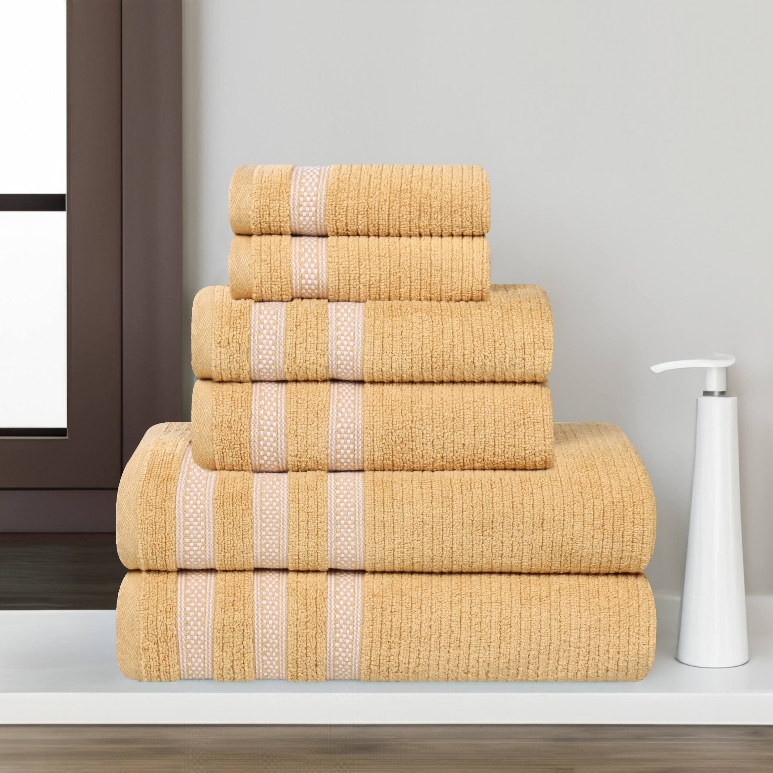 Superior Zero Twist Cotton Ribbed Geometric 6-Piece Towel Set, Ultra Soft Quick Dry, Gold