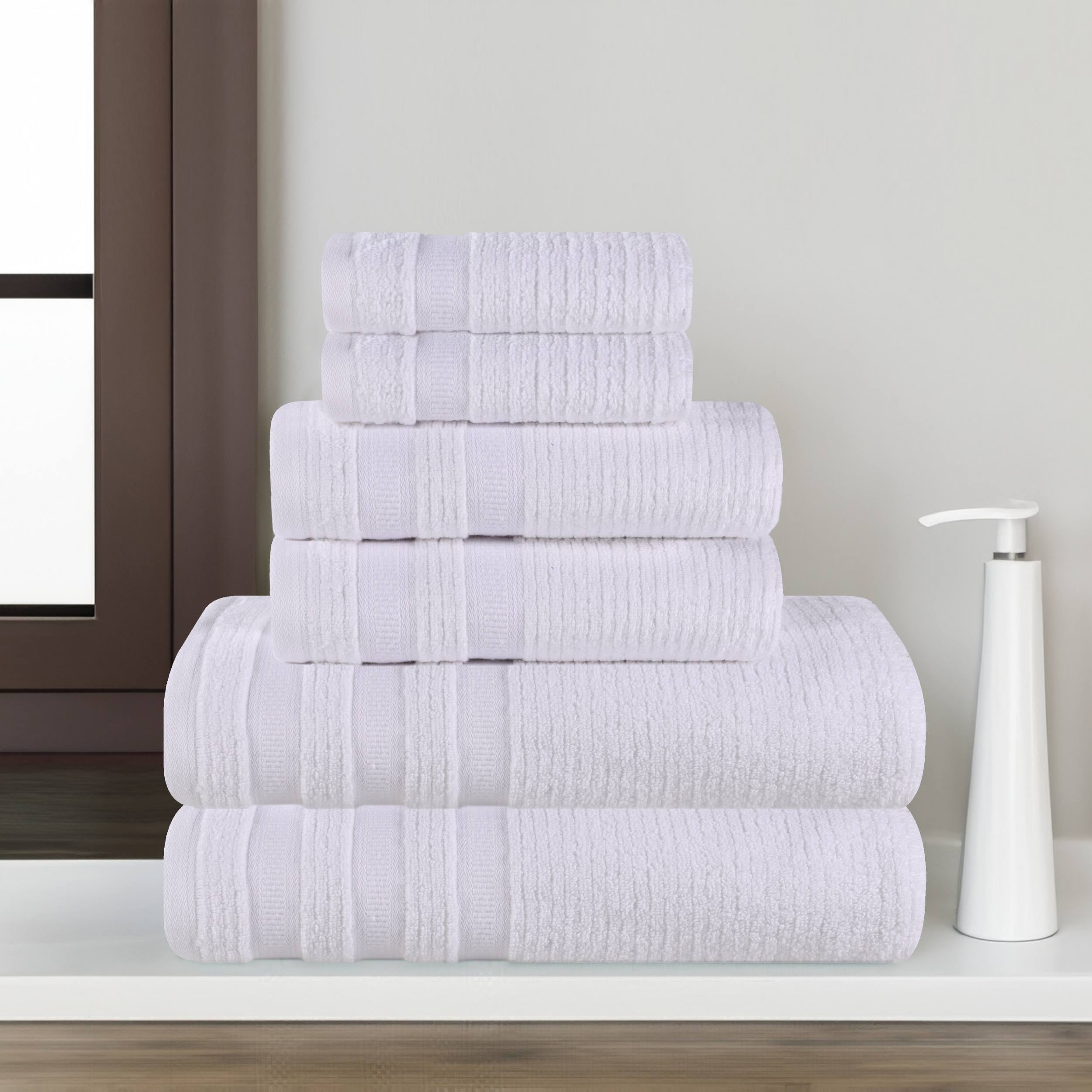 Superior Zero Twist Cotton Ribbed Geometric 6-Piece Towel Set, Ultra Soft Quick Dry, White