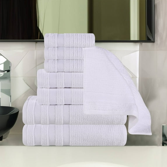Superior Zero Twist Cotton Ribbed Geometric 8-Piece Towel Set, White