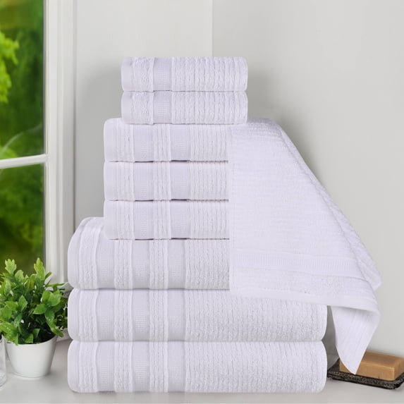 Superior Zero Twist Cotton Ribbed Geometric 9-Piece Towel Set, Ultra Soft Quick Dry, White