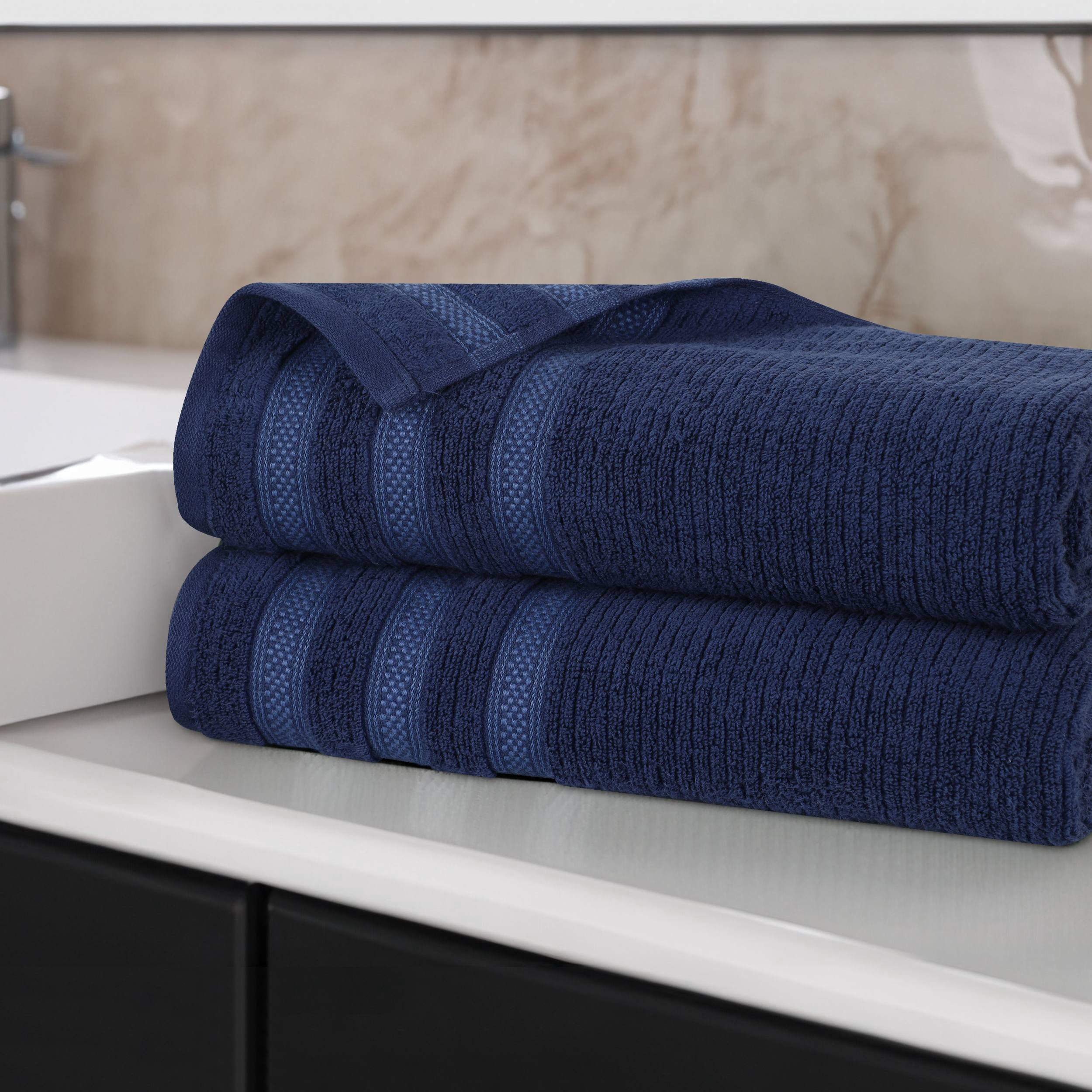 Superior Zero Twist Cotton Ribbed Geometric Bath Sheet Set of 2, Ultra Soft Quick Dry, Navy Blue