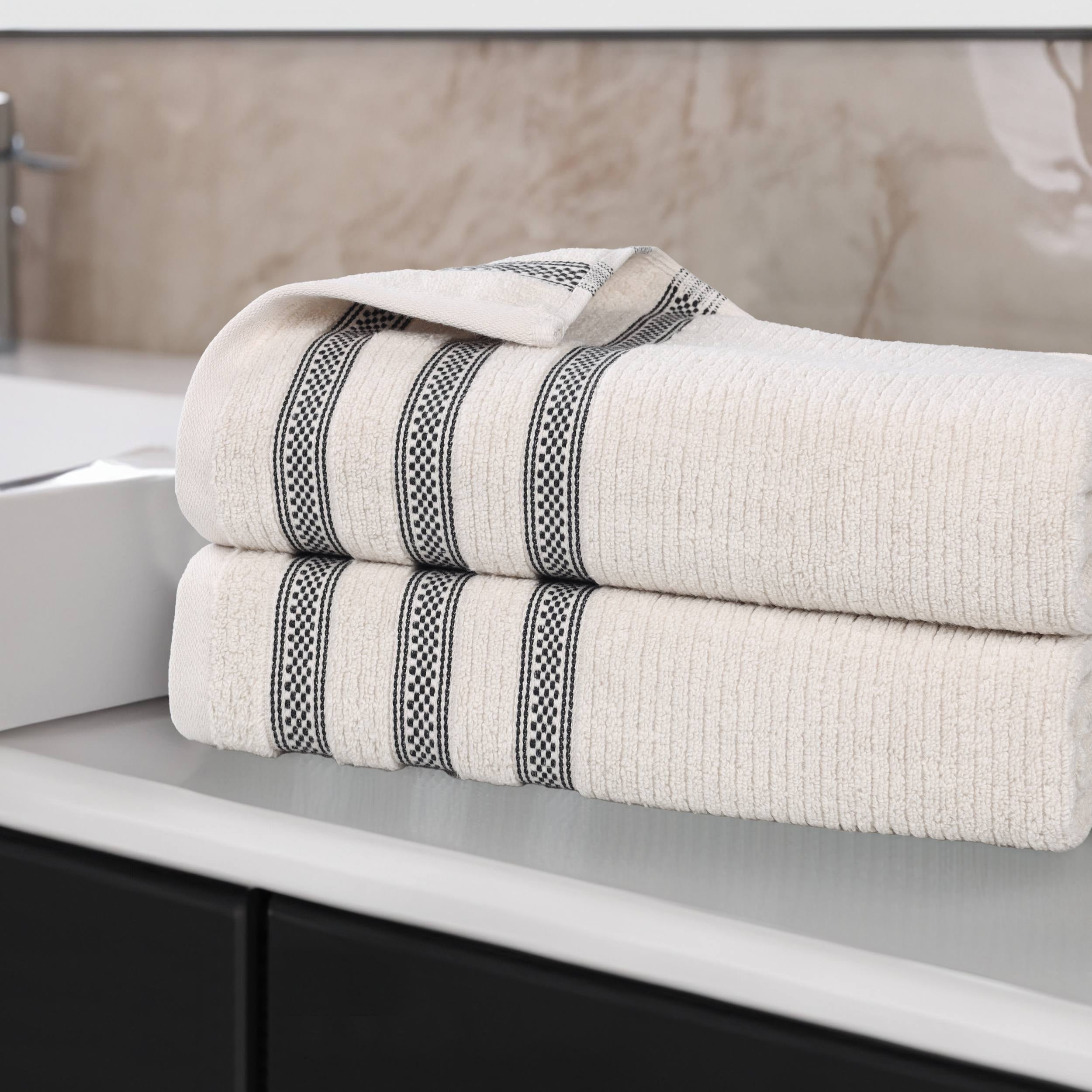 Superior Zero Twist Cotton Ribbed Geometric Bath Sheet Set of 2, Ultra Soft Quick Dry, Stone