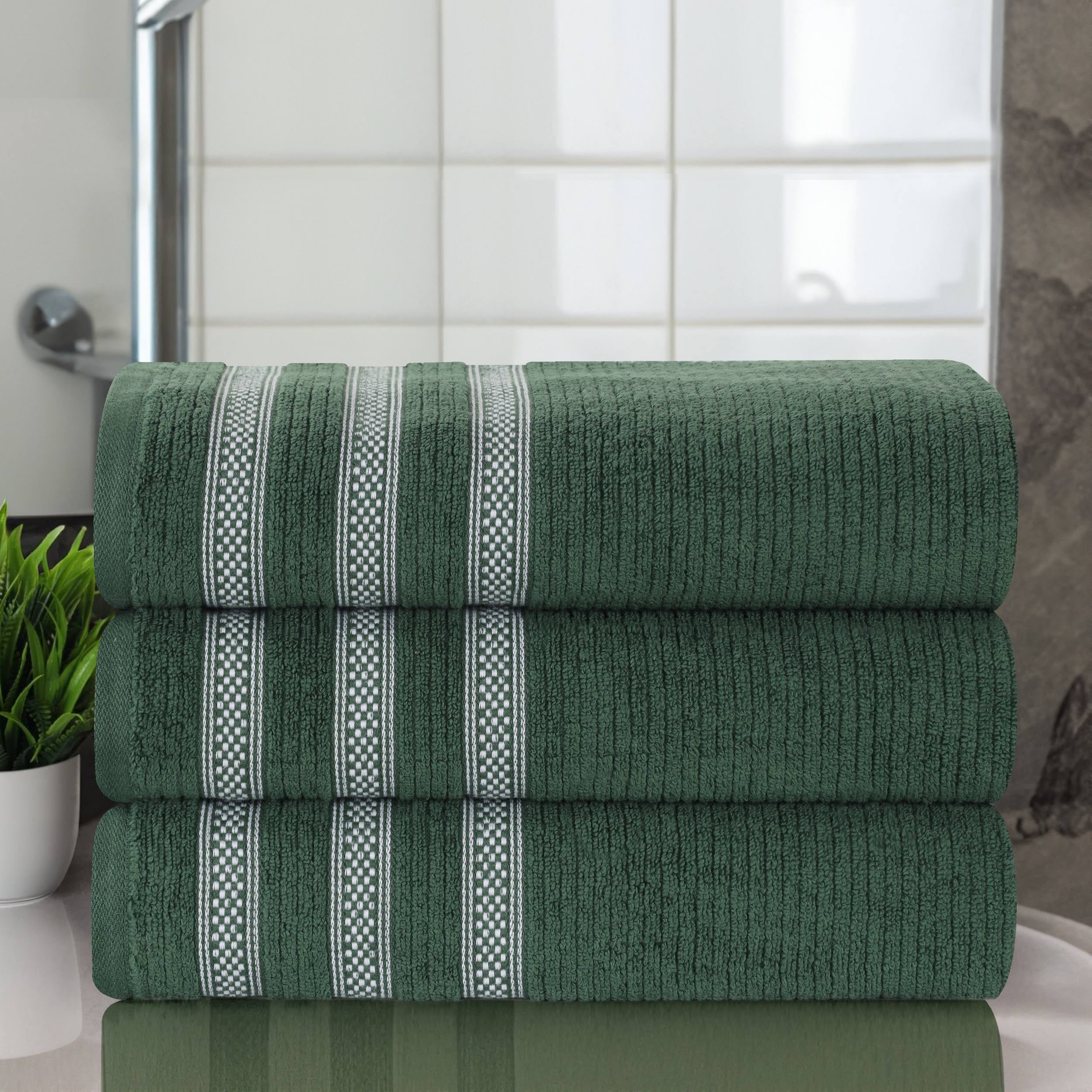 Superior Zero Twist Cotton Ribbed Geometric Bath Towel Set of 3 , Ultra Soft Quick Dry, Forest Green