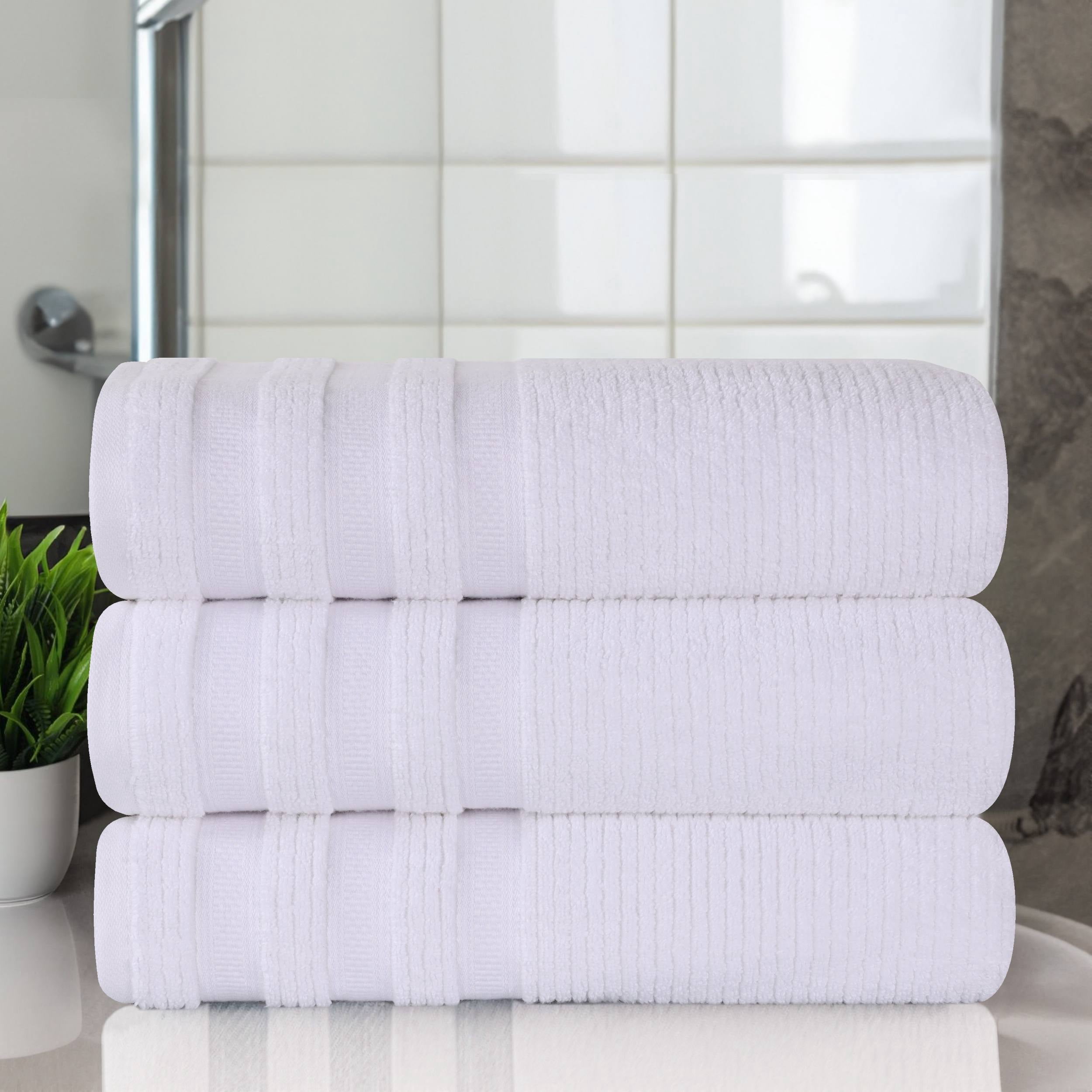 Superior Zero Twist Cotton Ribbed Geometric Bath Towel Set of 3 , Ultra Soft Quick Dry, White