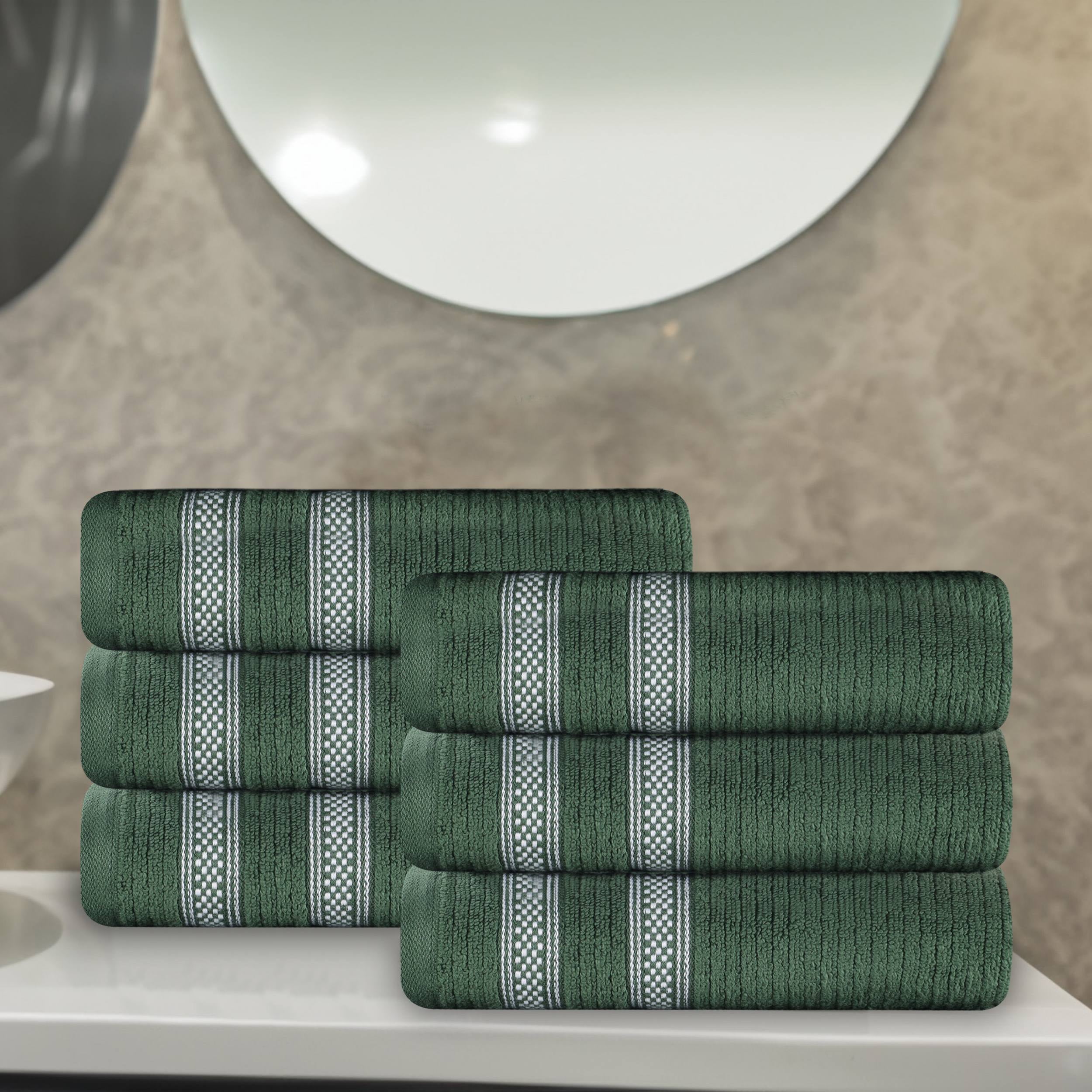 Superior Zero Twist Cotton Ribbed Geometric Hand Towel Set of 6, Ultra Soft Quick Dry, Forest Green