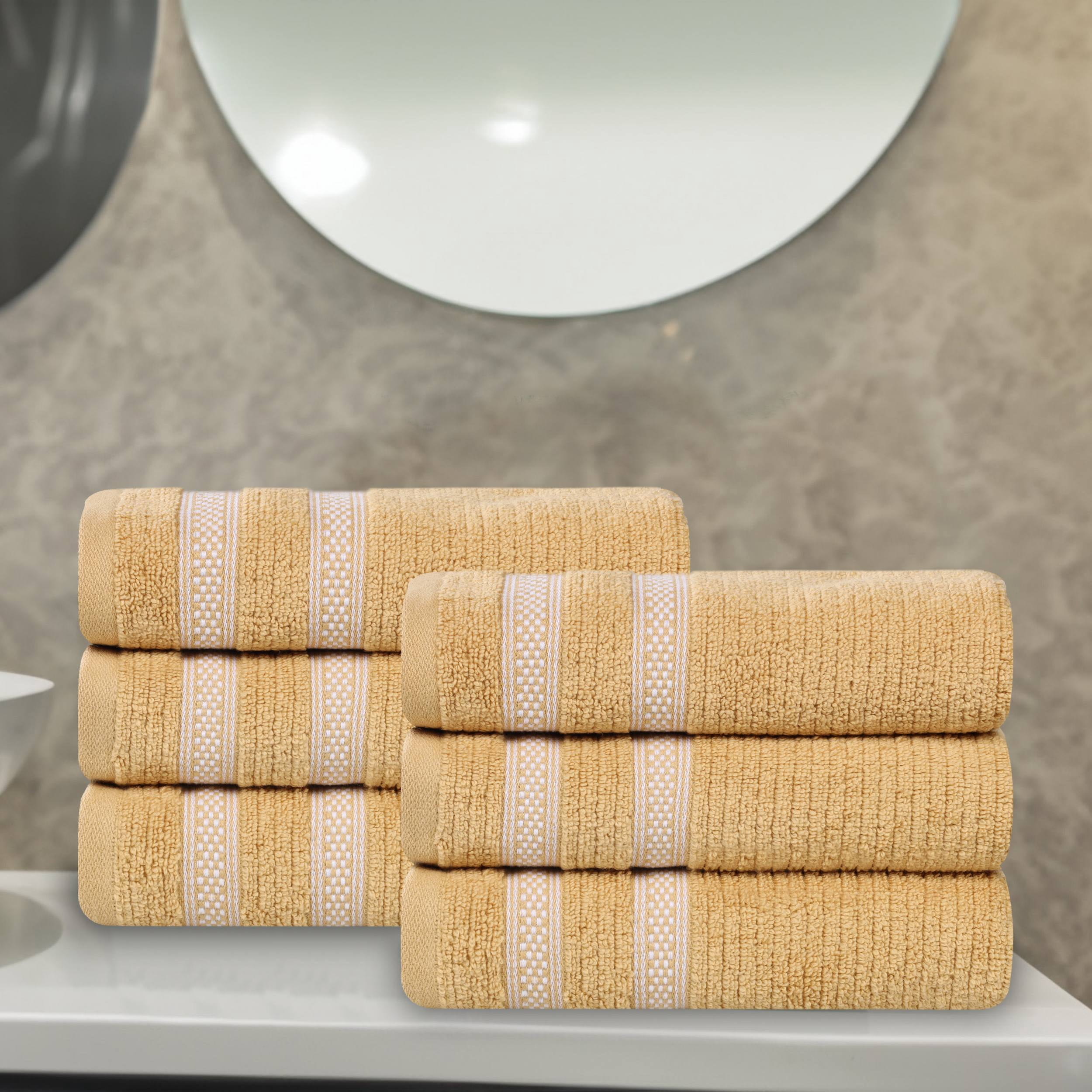 Superior Zero Twist Cotton Ribbed Geometric Hand Towel Set of 6, Ultra Soft Quick Dry, Gold