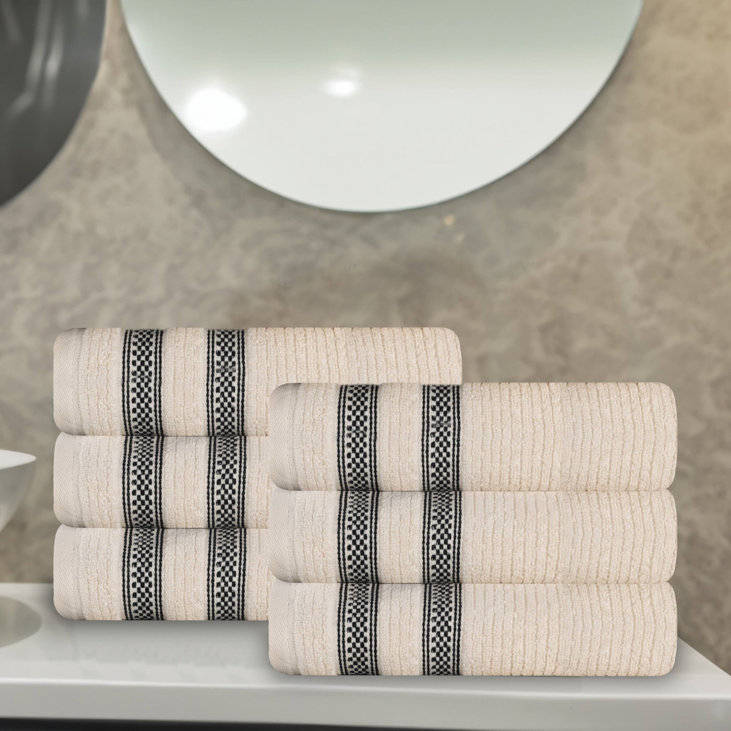 Superior Zero Twist Cotton Ribbed Geometric Hand Towel Set of 6, Ultra Soft Quick Dry, Ivory