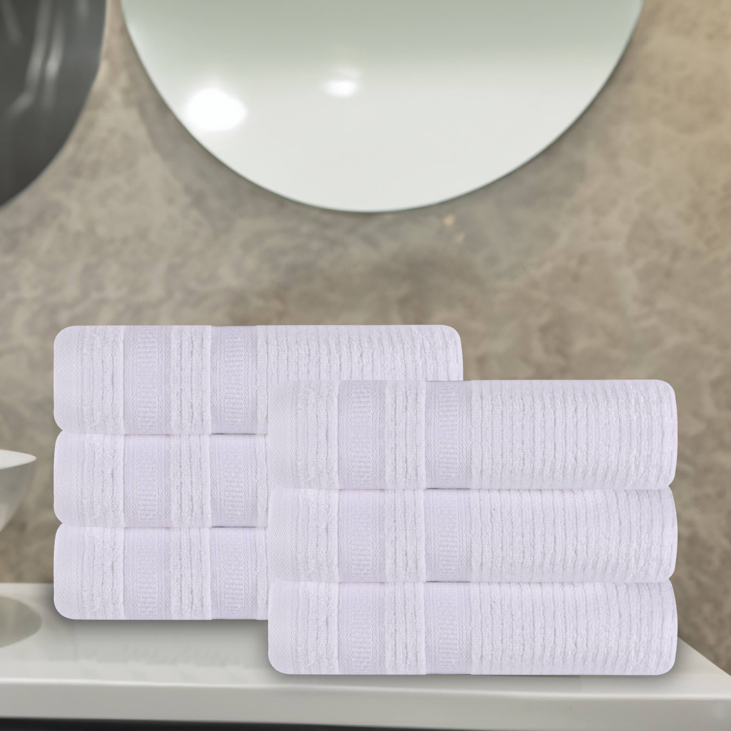 Superior Zero Twist Cotton Ribbed Geometric Hand Towel Set of 6, Ultra Soft Quick Dry, White