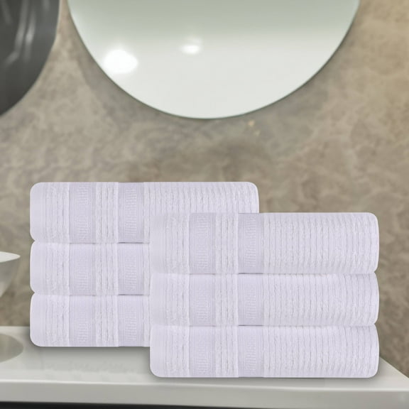 Superior Zero Twist Cotton Ribbed Geometric Hand Towel Set of 6, White