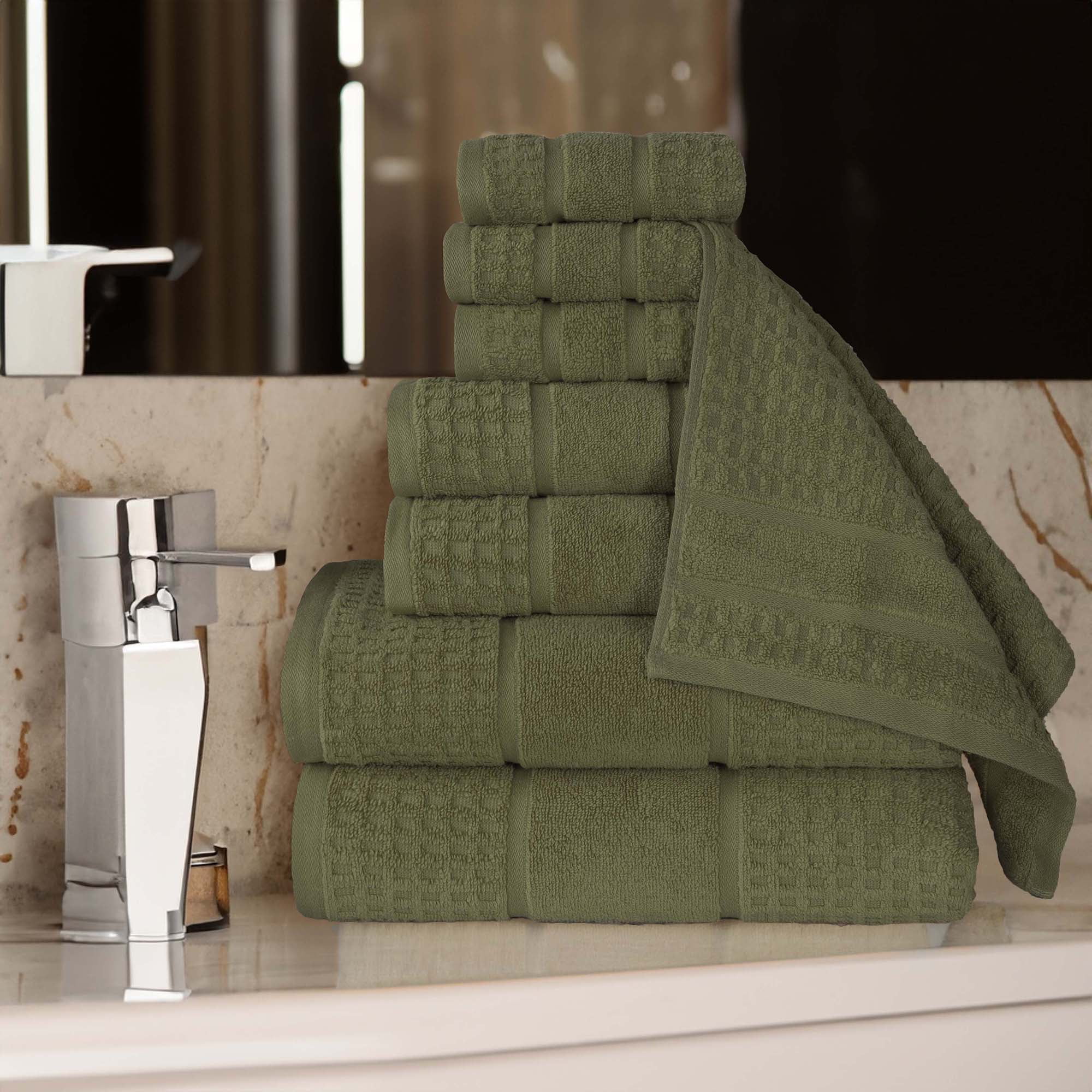 Forest Green Cotton 8-Piece Towel Set with Waffle Border