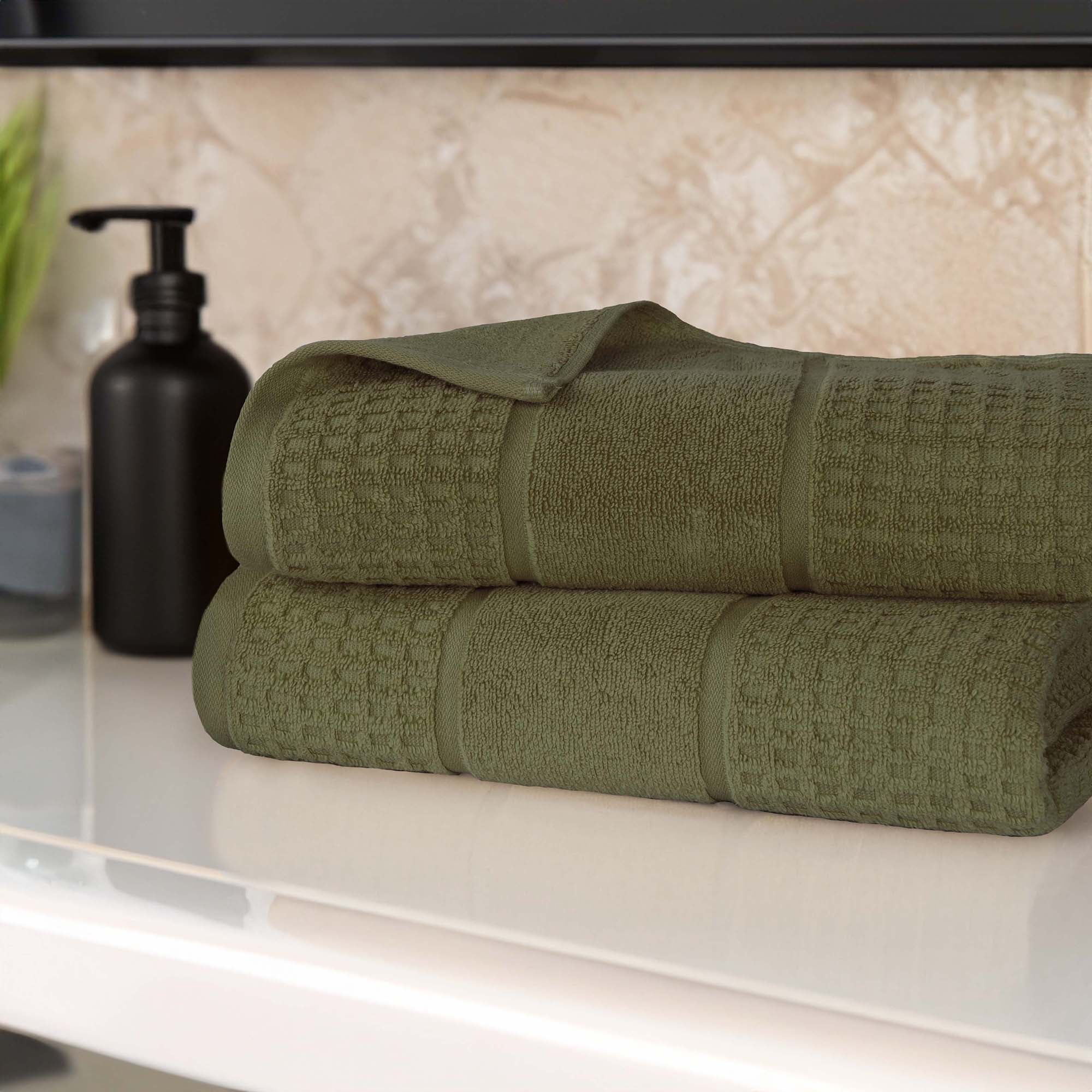 Oversized Forest Green Cotton Bath Sheet Set with Waffle Border