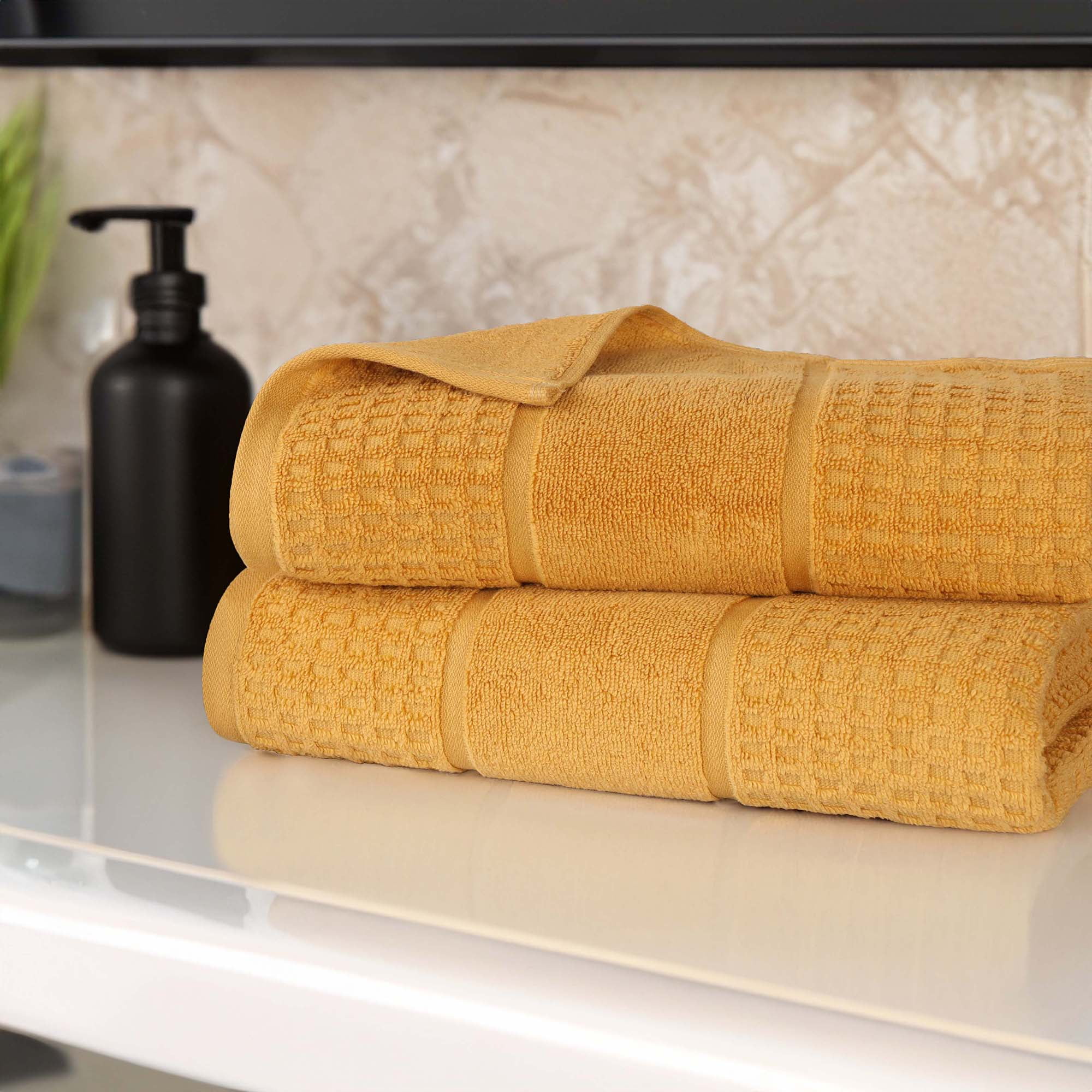 Oversized Gold Cotton Bath Sheet Set with Waffle Border