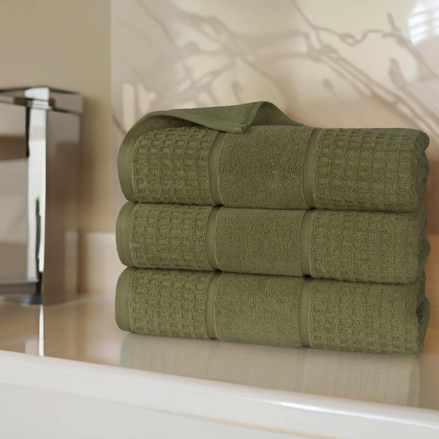 Superior Zero Twist Cotton Waffle Border Bath Towel Set of 3, Forest Green