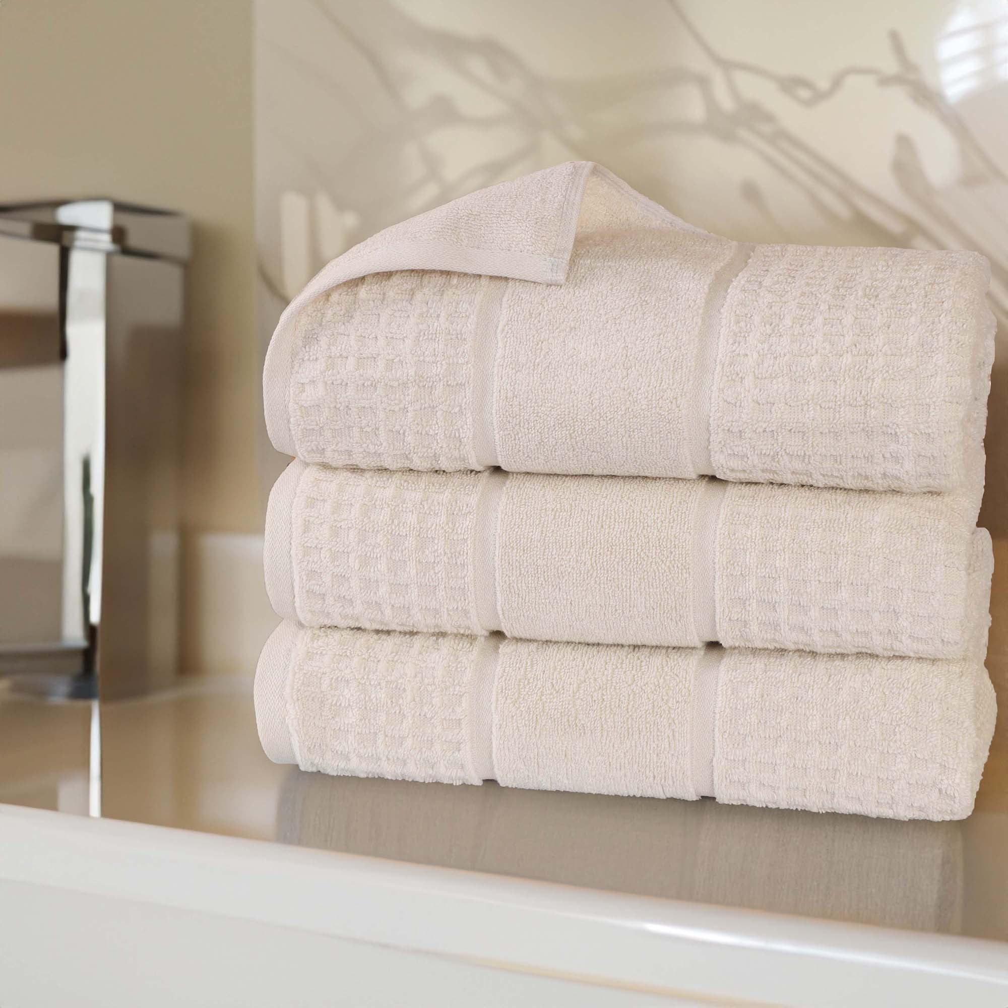 Superior Zero Twist Cotton Waffle Border Bath Towel Set of 3, Ivory ...